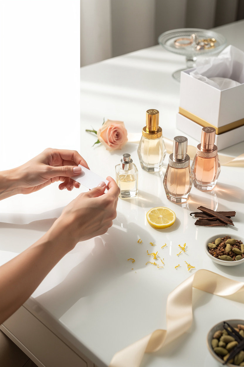 Balmain Beauty luxury fragrance collection displayed on elegant vanity with rose petals and premium packaging